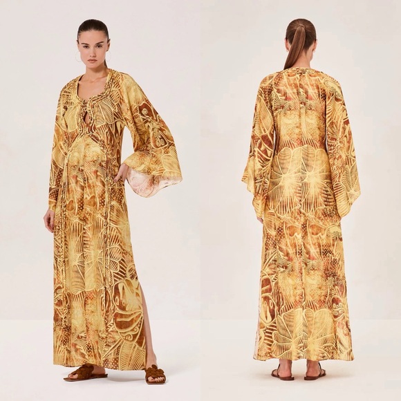 ALEXIS Mirela Linen Blend Floral Abstract Long Sleeve Kaftan Maxi Dress Yellow